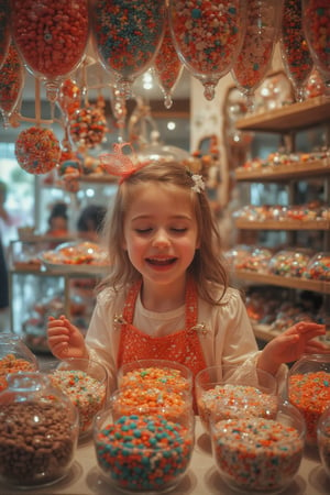 Dinamic photograph of a little girl excited to be in the best candy shop in the world, Midjourney_Whisper,