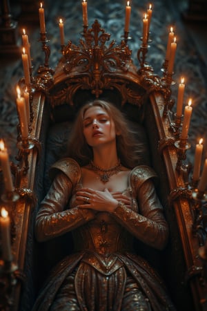 Dinamic photograph of a medieval princess laying in her very luxurious coffin with lit candles around the coffin, Midjourney_Whisper, background is the atrium of an old church, pov from above, arms crossed over her chest