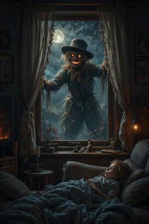 Dinamic Photograph of an evil looking scarecrow with a creepy smile looking thrugh the living room window from the outside at night, Midjourney_Whisper, inside in the living room a little girl is sleeping with her puppy in the sofa, the lights are off, the only source of light is from the television