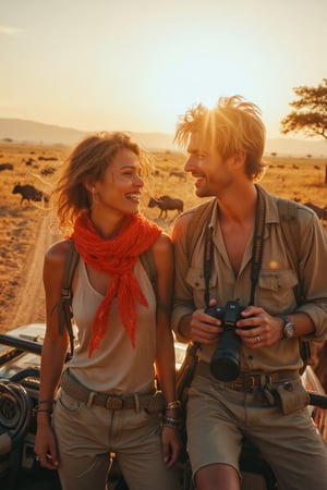 In the golden hour of the Serengeti, a group of diverse travelers, including a tall, athletic latina woman with warm, sun-kissed skin and a wide, genuine smile, and a shorter, fair-skinned man with tousled blonde hair and an excited expression, stand together on the roof of a rugged 4x4 vehicle. They are both dressed in safari-appropriate khaki and earth tones, with the woman wearing a vibrant red scarf that stands out against the landscape. The man holds a camera, capturing the moment as a herd of wildebeest crosses the vast, sunlit savanna in the background. The scene is framed with a shallow depth of field, focusing on the characters' interaction, with the warm, golden light casting soft shadows and highlighting the textures of their clothing and the vehicle. The atmosphere is infused with a sense of adventure and camaraderie, with a subtle film grain and a warm, natural color grading that enhances the raw beauty of the African wilderness.,Midjourney_Whisper