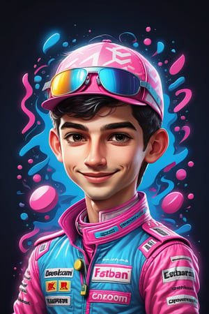 Marking. Colorful, cute and adorable F1 driver Esteban Ocon, smiling, dancing, wearing blue and pink Alpine uniform, 
 3D cartoon character. hyperrealism, photorealism, beautiful, complex, incredibly detailed and award-winning photographs. dark background illuminated by neon lights