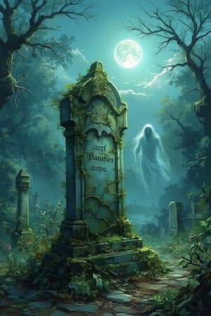 A weathered tombstone stands alone in a desolate, overgrown cemetery under a twilight sky. The stone is cracked and moss-covered, with intricate carvings of vines and a fading inscription. Soft, golden light from a low-hanging moon casts long shadows, enhancing the eerie, melancholic atmosphere. A luminescent ghost is behind the tombstone transparent as ether with a creepy expression. The scene is framed with a shallow depth of field, focusing on the tombstone while the background blurs into a sea of dark, gnarled trees. The color grading is cool and desaturated, with a slight blue tint, evoking a sense of solitude and timelessness, reminiscent of David Lynch's cinematographic style. Film grain adds texture, and a faint mist hangs in the air, creating an otherworldly, haunting ambiance.,Watercolor architecture