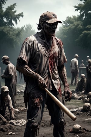 a zombie baseball player, putrid skin, disfigured features, torn, dirty baseball uniform, holding a baseball bat, wearing a baseball hat, walking in a baseball field that borders a graveyard, bodies on the ground, spooky atmosphere and atmosphere of terror ,16k UHD, extreme realism, maximum definitions, ultra detail, monster,