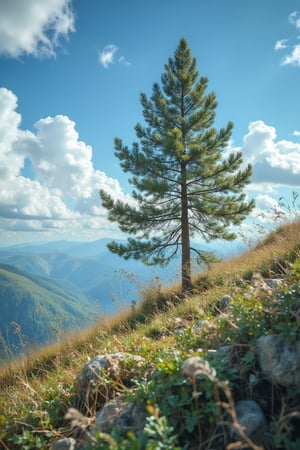 Dinamic close up photograph of a single pine on the side of a grassy hill, Midjourney_Whisper, blue sky with fluffy clouds as background