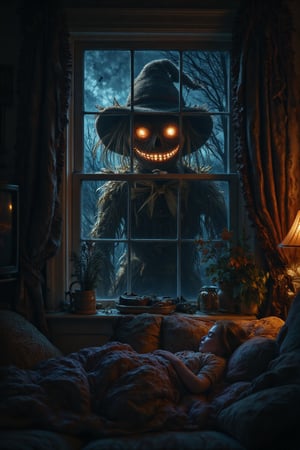 Dinamic Photograph of an evil looking scarecrow with a creepy smile looking thrugh the living room window from the outside at night, Midjourney_Whisper, inside in the living room a little girl is sleeping with her puppy in the sofa, the lights are off, the only source of light is from the television