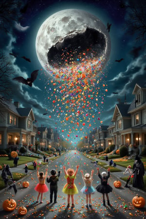 Dinamic photo, a surreal scene, the full moon cracks open, from the inside of the moon all sorts of multicolored candy is falling, the hollow inside of the moon is visible, a group of little kids dressed in various costumes for halloween raise their arms trying to catch the candy in the air, other kids pick up candy from the floor, Midjourney_Whisper, a suburban neighborhood street on halloween night as background, the houses are decorated for halloween with carved pumpkins, bats, skeletons and witches,Surreal art