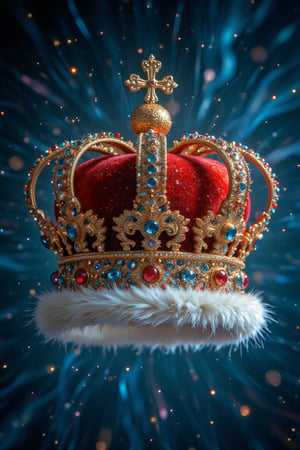 Dinamic close up photograph of a royal gold crown decorated with various types of gems, floating in the air, with a red velvet cap, a gold cross on top of the arches, armine fur on the rim, Midjourney_Whisper, blue color as background