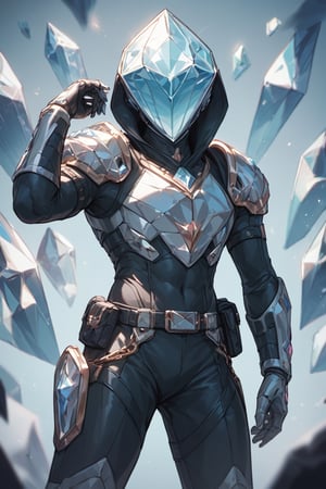 male_solo,cowboyshot,diamond body,diamondcrystal head,object head,no face,armet,diamond breastarmor,sharp redeyes,mechanical gauntlets,multiplebelt on body,blacksuit,whitejacket,shoulderarmor,silvergothicdetail bodysuit,breastarmor,(score_9,score_8_up,score_7_up,score_6_up,score_5_up,score_4_up,masterpiece,futuristic detail,sci-fi),smallhead,diam0nd,kamen rider style,gsys,crystal_clear,magical crystal effect