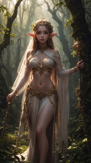 Photorealistic depiction of an Elf Princess in ancient forest ruins, staff raised high, beams of sunlight creating a halo effect, wearing revealing, enchanted clothing, rule of thirds composition, golden hour, sharp focus, lush environment, ethereal mood, Nikon D850, 8k resolution,
