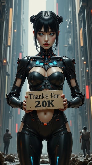 A cybernetic girl with glowing blue eyes and mechanical limbs, standing in the heart of a surreal biomorphic city.she holds a sign that reads 'Thanks for 20K' in bold, fantasy-style lettering.