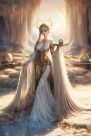 "(((Enchanting girl)) in an Art-Deco fantasy, holding a ((gilded)) shell, surreal landscape with ((soft light)),, thoughtfully composed, ((serene)) dune panorama, ((ethereal)) atmosphere, golden hour magic),, best quality, high resolution, detailed, ((masterpiece)),,nodf_lora,fantasy,corset, Garters, lace-trimmed_kneehighs
