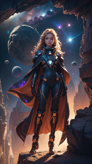 "Full body portrait, girl in a flowing space cape, standing on the edge of a vast crystalline canyon, alien planet with swirling nebula skies, dramatic perspective, ((80s space opera)), epic adventure, lens flare effect, detailed textures, photorealistic, golden hour, rule of thirds, rich color contrast, deep shadows, ultra high resolution"