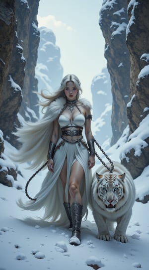 A dramatic fantasy scene in the style of epic fantasy landscapes, featuring a warrior queen in fur-lined armor, holding a heavy iron leash attached to a snow-white tiger with icy blue eyes. They stand on a narrow, snow-covered mountain pass surrounded by jagged cliffs and swirling snow flurries. The queen’s braided silver hair flows behind her in the wind, and her breath is visible in the cold air. The viewpoint is a close-up from below, emphasizing her stoic expression and the fierce determination in her eyes. The lighting is dim and moody, with diffused gray light from an overcast sky casting soft shadows on the snow, creating a cold, forbidding atmosphere.,VNS_Add more details,wonder beauty,Enhanced all