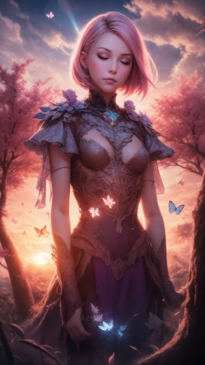 A girl's face fills the frame, her eyes closed in rapt attention as a butterfly alights on her cheek. Soft pink clouds drift lazily across the sunset sky behind her, blending into a fantastical landscape of twisted trees and glowing mushrooms. In this surreal wonderland, reality melts away as she surrenders to the dream.