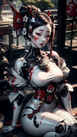A Robot (((Geisha))) with a(( High Gloss )),(((white Plastic face)))(( white glossy Plastic Body)), japanese Garden,Cyborg,Girl,Android,More Detail
