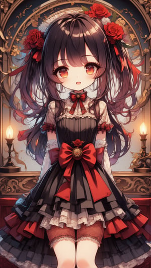 "Kawaii anime((( vampire girl )))standing beside an elegant coffin, dressed in a black and red gothic outfit, her Vampire fangs visible as she gives a playful smile, the room is dimly lit by flickering candles, adding a soft glow to her pale skin, delicate lace details on her outfit, large glowing eyes and a cute, innocent expression.",ct-sensanime,acryli painting