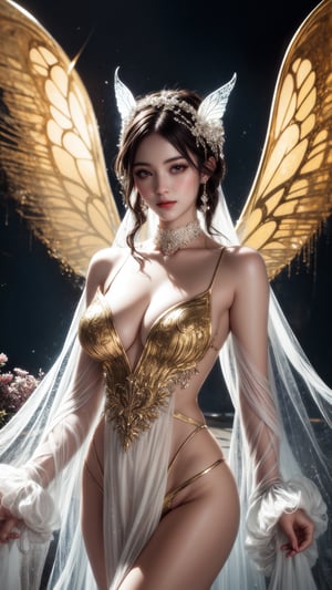 Against a dreamy, photo-realistic background of swirling gold and white hues, an enchanting girl from the world of Art Nouveau gazes directly at the viewer. Her fair skin glows with ethereal light, as intricate details on her dress shimmer with red accents. Butterflies dance around her, their delicate wings beating in mid-air. The dramatic lighting casts a warm glow, accentuating the exquisite lines and detailed decoration on her attire. With a subtle smile, she seems to beckon the viewer into her mystical realm. In this 8K HDR masterpiece, every detail is meticulously rendered, from the bokeh of the out-of-focus photo background to the subtle depth of field that draws the eye to her captivating face.