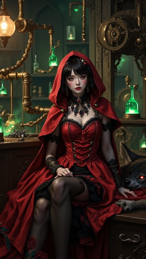 "Little Red Riding Hood in a dark steampunk laboratory, dressed in (gothic Lolita attire), red hood trimmed with lace, brass gears and steam pipes surrounding her, dim lighting with glowing green potion vials, (intricate detailing) on her Victorian-style gown, clockwork wolves lying in the shadows, golden light casting eerie shadows, dramatic angles, anime-inspired design, ((highly detailed)), high contrast, vibrant tones",zahan,Cosplay 