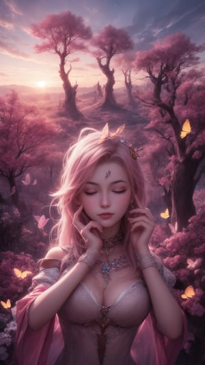 A girl's face fills the frame, her eyes closed in rapt attention as a butterfly alights on her cheek. Soft pink clouds drift lazily across the sunset sky behind her, blending into a fantastical landscape of twisted trees and glowing mushrooms. In this surreal wonderland, reality melts away as she surrenders to the dream.