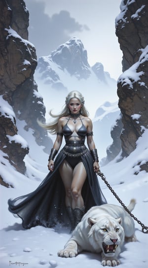 A dramatic fantasy scene in the style of epic fantasy landscapes, featuring a warrior queen in fur-lined armor, holding a heavy iron leash attached to a snow-white tiger with icy blue eyes. They stand on a narrow, snow-covered mountain pass surrounded by jagged cliffs and swirling snow flurries. The queen’s braided silver hair flows behind her in the wind, and her breath is visible in the cold air. The viewpoint is a close-up from below, emphasizing her stoic expression and the fierce determination in her eyes. The lighting is dim and moody, with diffused gray light from an overcast sky casting soft shadows on the snow, creating a cold, forbidding atmosphere.,VNS_Add more details,wonder beauty,Enhanced all,FANTASY,PAINTING,IN,STYLE,OF FR4Z3TT4