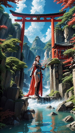 "Full body portrait, girl in a flowing space cape, standing UNDER A TORII on the edge of a vast crystalline canyon, alien planet with swirling nebula skies, dramatic perspective, ((80s space opera)), epic adventure, lens flare effect, detailed textures, photorealistic, golden hour, rule of thirds, rich color contrast, deep shadows, ultra high resolution",Torii,Realism