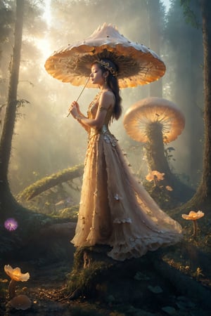 "Golden hour photography,Beautyful Girl in Fantasy Atire  in the mystic mist, (colossal mushroom in the Background), graceful Butterflys,( otherworldly) magic, rule of thirds composition",chinese girls