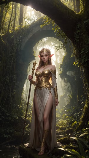 Photorealistic depiction of an Elf Princess in ancient forest ruins, staff raised high, beams of sunlight creating a halo effect, wearing revealing, enchanted clothing, rule of thirds composition, golden hour, sharp focus, lush environment, ethereal mood, Nikon D850, 8k resolution,More Detail,Add more detail