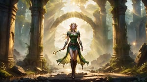 Photorealistic depiction of an Elf Princess in ancient forest ruins, staff raised high, beams of sunlight creating a halo effect, wearing revealing, enchanted clothing, rule of thirds composition, golden hour, sharp focus, lush environment, ethereal mood, Nikon D850, 8k resolution,COWBOY SHOT