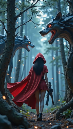 A science fiction scene of Little Red Riding Hood navigating a high-tech metallic forest, her red cape flowing behind her as she walks through tall, glowing trees made of metal and glass. She holds a sleek, futuristic blaster at her side, while mechanical wolves with glowing eyes stalk her from the shadows. The lighting is mysterious and cold, with her red hood standing out sharply against the metallic blues and silvers of the forest.

