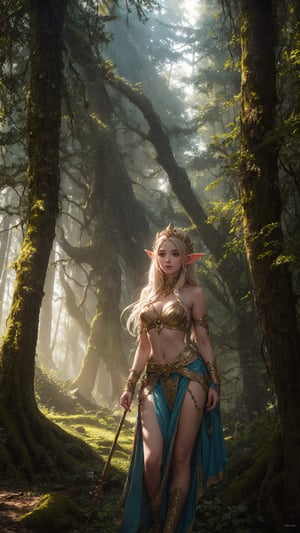 Photorealistic depiction of an Elf Princess in ancient forest ruins, staff raised high, beams of sunlight creating a halo effect, wearing revealing, enchanted clothing, rule of thirds composition, golden hour, sharp focus, lush environment, ethereal mood, Nikon D850, 8k resolution,