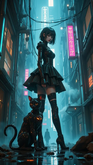 Illustration of a cyberpunk-themed Lolita Little girl fashionista wearing a sleek, tech-inspired dress, posing with a robotic cat in a gritty, rain-soaked alley. The alley is cluttered with discarded holographic billboards and steam rising from vents, giving a sense of decay mixed with advanced technology. The viewpoint is an over-the-shoulder perspective, capturing the girl’s confident stance and the robocat's glowing tail in the foreground. Sharp, contrasting lighting from a nearby neon sign highlights the metallic textures of her outfit and the reflective surfaces of the alley.,fluxtration,niji