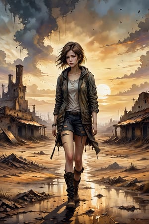 "oil painting, highly detailed, a young girl wandering through a barren wasteland, expression of deep sadness and depression, remnants of a shattered world around her, dark and moody color palette, strokes conveying the texture of dirt and decay, cloudy sky with hints of a setting sun, feeling of loneliness and despair, ((post-apocalyptic)) theme, torn and dirty clothes, scattered ruins,looking Back "