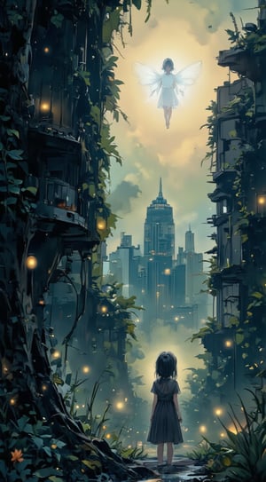 Watercolor fantasy painting style, a delicate faery with translucent wings glowing softly, crouched in front of a small human girl wearing a tattered dress. They are in a desolate, post-apocalyptic cityscape filled with crumbling skyscrapers and overgrown vines, with the girl gazing up in wonder. The scene is framed from a low angle to emphasize the faery's ethereal light contrasting with the dark, ruined surroundings, set at dusk with a golden hour glow filtering through a hazy sky.VNS_Add more details,wonder beauty,Enhanced all,midjourneyv6.1,dystopian