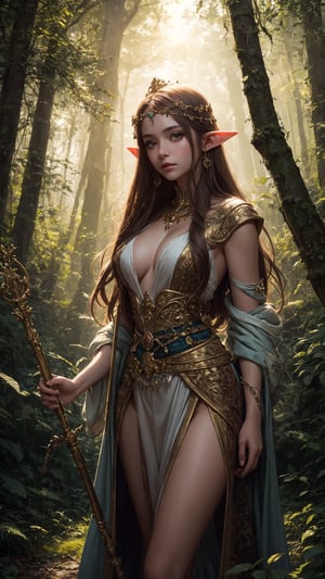 Photorealistic depiction of an Elf Princess in ancient forest ruins, staff raised high, beams of sunlight creating a halo effect, wearing revealing, enchanted clothing, rule of thirds composition, golden hour, sharp focus, lush environment, ethereal mood, Nikon D850, 8k resolution,More Detail,Add more detail