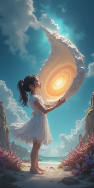 "((masterpiece)), highly detailed, digital illustration, a Beautyful young girl standing on an otherworldly beach, holding a giant shell with a shimmering mother-of-pearl interior, the shell radiating soft iridescent light, her eyes wide with wonder as she gazes into its depths, the landscape around her filled with strange, fantastical flora and glowing crystals, the sky above swirling with vibrant colors, blending elements of science fiction and fantasy, a sense of discovery and magic"lOOKING bACK