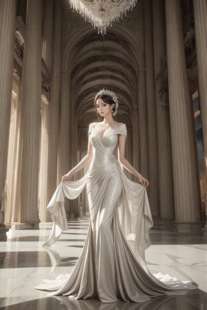 Imagine a (Magnolia Princess) standing amidst pillars of marble, her gown flowing like petals in the wind. Torchlight dances upon her porcelain skin, casting shadows that whisper tales of old. Behind her, the ethereal glow of (Santiago Calatrava Architecture) rises, a testament to the marriage of art and engineering. Envision a world where white trees stand sentinel, their branches reaching towards the heavens. Let every stroke of the brush be a love letter to elegance and grace. ((Masterpiece)),masterpiece