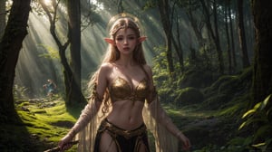 Photorealistic depiction of an Elf Princess in ancient forest ruins, staff raised high, beams of sunlight creating a halo effect, wearing revealing, enchanted clothing, rule of thirds composition, golden hour, sharp focus, lush environment, ethereal mood, Nikon D850, 8k resolution,More Detail COWBOY SHOT