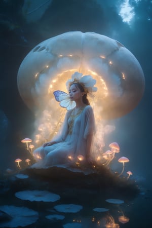 "Golden hour photography,((Beautyful Girl)) in Fantasy Atire  in the mystic mist, (colossal mushroom in the Background), graceful Butterflys,( otherworldly) magic, rule of thirds composition",chinese girls