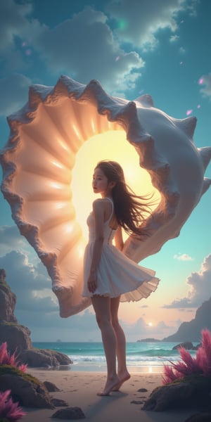 "((masterpiece)), highly detailed, digital illustration, a Beautyful young girl standing on an otherworldly beach, holding a giant shell with a shimmering mother-of-pearl interior, the shell radiating soft iridescent light, her eyes wide with wonder as she gazes into its depths, the landscape around her filled with strange, fantastical flora and glowing crystals, the sky above swirling with vibrant colors, blending elements of science fiction and fantasy, a sense of discovery and magic"lOOKING bACK