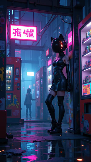  Illustration of a cyberpunk-themed Lolita Little girl fashionista wearing a sleek, tech-inspired dress, posing, wearing a gLOSSY CAT-inspired helmet .The Girl's face is hidden inside an advanced holographic helmet, and its facial features are represented as ASCII art emojis. She’s standing in a gritty alleyway with graffiti-covered walls, futuristic vending machines, and rain-soaked pavement reflecting colorful neon lights. Mid-shot from a low angle, showing her relaxed pose as she leans against a wall, her helmet’s LED displaying a playful wink. Dim lighting with rain softly falling, creating a moody yet energetic atmosphere. ,niji,futuremadness