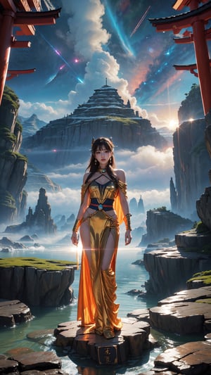 "Full body portrait, girl in a flowing space cape, standing UNDER A TORII on the edge of a vast crystalline canyon, alien planet with swirling nebula skies, dramatic perspective, ((80s space opera)), epic adventure, lens flare effect, detailed textures, photorealistic, golden hour, rule of thirds, rich color contrast, deep shadows, ultra high resolution",Torii,Realism