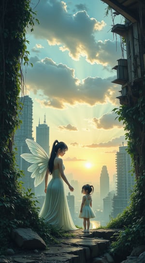 Watercolor fantasy painting style, a delicate faery with translucent wings glowing softly, crouched in front of a small human girl wearing a tattered dress. They are in a desolate, post-apocalyptic cityscape filled with crumbling skyscrapers and overgrown vines, with the girl gazing up in wonder. The scene is framed from a low angle to emphasize the faery's ethereal light contrasting with the dark, ruined surroundings, set at dusk with a golden hour glow filtering through a hazy sky.VNS_Add more details,wonder beauty,Enhanced all,midjourneyv6.1