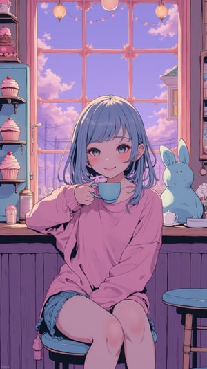 A surreal scene of a Harajuku girl with cotton-candy hair sitting at an eclectic Tokyo cafe, surrounded by pastel-colored sweets and oversized plush toys. The soft, diffused lighting adds a magical glow to the room as she smiles serenely, sipping from a teacup. Outside the window, the twilight sky transitions into a dreamy purple.
