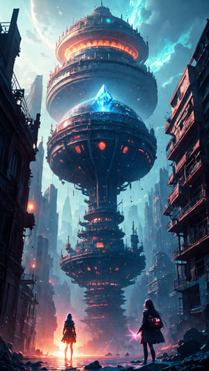 A futuristic cityscape of Atlantis rises from the depths of the SEA, where a young girl with iridescent skin and glowing blue eyes stands at the edge of a massive, technology-laden portal. In the background, an ALIEN spacecraft hovers above the ruins, while in the foreground, she holds a shimmering crystal that amplifies her telekinetic powers.