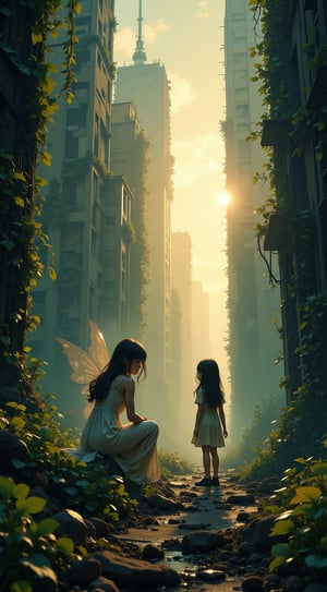 Here's an enhanced prompt:

Whispers of wonder fill the desolate cityscape as a delicate faery with translucent wings aglow, crouches beside a small human girl clad in a tattered dress, her eyes wide with awe. The faery's ethereal light dances across the ruins, contrasting beautifully with the dark, crumbling skyscrapers and overgrown vines. Golden hour hues filter through the hazy sky, casting a warm glow on the scene. Framed from a low angle, the composition draws attention to the faery's luminescent wings, while the girl's rapt expression captures our imagination. In this dystopian world, where nature reclaims what was lost, the faery's gentle presence and the girl's childlike wonder evoke a sense of hope and resilience.