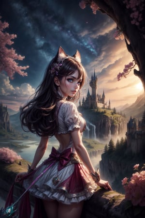 A (whimsical painting) of a(((magical girl))), in Front, wandering through a dreamlike landscape. A regal castle stands tall in the background, its spires reaching towards the sky, as a (curious cat) with emerald eyes accompanies her on her journey. Nearby, a gnarly tree twists and turns, its branches forming intricate patterns against the sky. (Detailed, vibrant colors),nodf_lora,((Cowboy shot))
