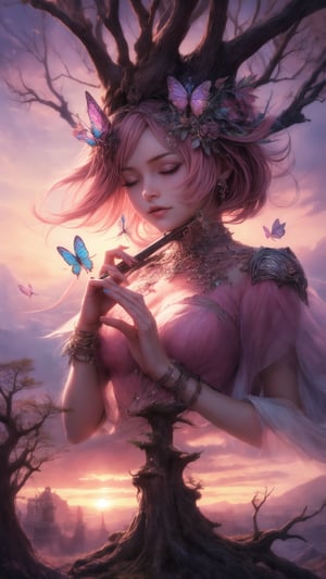 A girl's face fills the frame, her eyes closed in rapt attention as a butterfly alights on her cheek. Soft pink clouds drift lazily across the sunset sky behind her, blending into a fantastical landscape of twisted trees and glowing mushrooms. In this surreal wonderland, reality melts away as she surrenders to the dream.