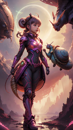 "((masterpiece)), highly detailed, digital illustration, a young girl standing on a vast, alien landscape, interacting with a gigantic snail with glowing patterns on its shell, the snail’s antennae waving gently as it gazes at her, surreal and dreamlike atmosphere, blending elements of science fiction and fantasy, the girl’s futuristic outfit adorned with small gadgets and lights, vibrant colors contrasting with the strange, otherworldly environment, a sense of curiosity and wonder"