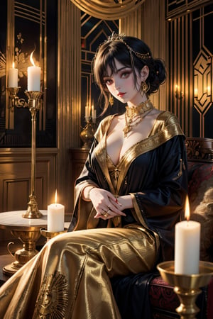 "An enchanting painting that combines fashion and interior design, featuring a girl in wooden clothing, elegantly positioned in an Art Deco room illuminated by the warm embrace of candlelight. The ((vibrant colors)) and intricate details make this artwork a visual delight.",art_deco_fusion