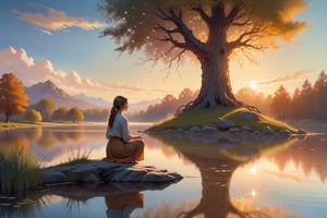 "((Serene)) girl, kneeling by a tranquil pond, reflection on the water, ((wispy clouds)) in the sky, gnarly tree framing the scene, ((golden hour lighting)), digital painting, ((ethereal atmosphere)), best quality